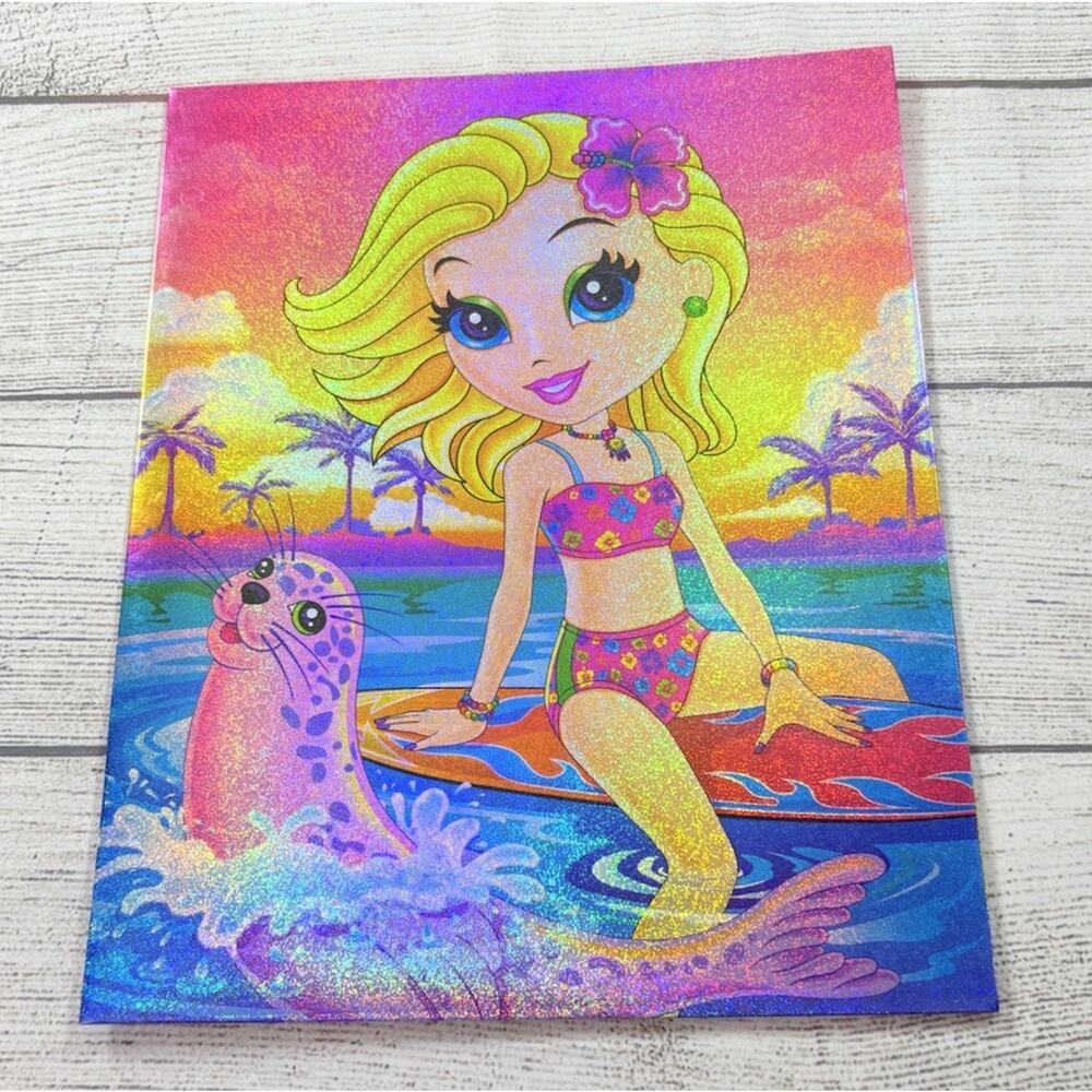 Lisa Frank Vintage Cassie The Surfer Girl 2 Pocket Folder Glitter Unpunched